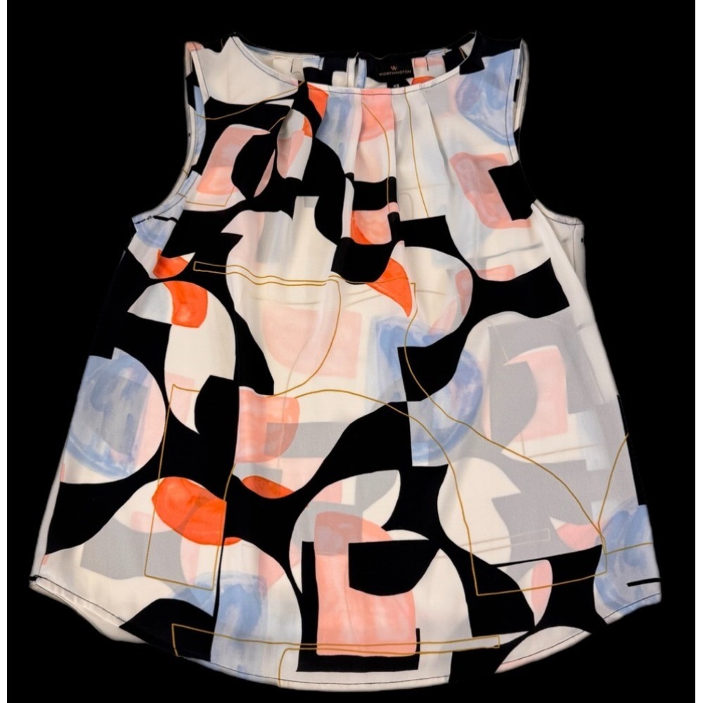 Worthington Blouse Women XS Multicolor Abstract Geometric Sleeveless Pleated Top - Picture 2 of 13